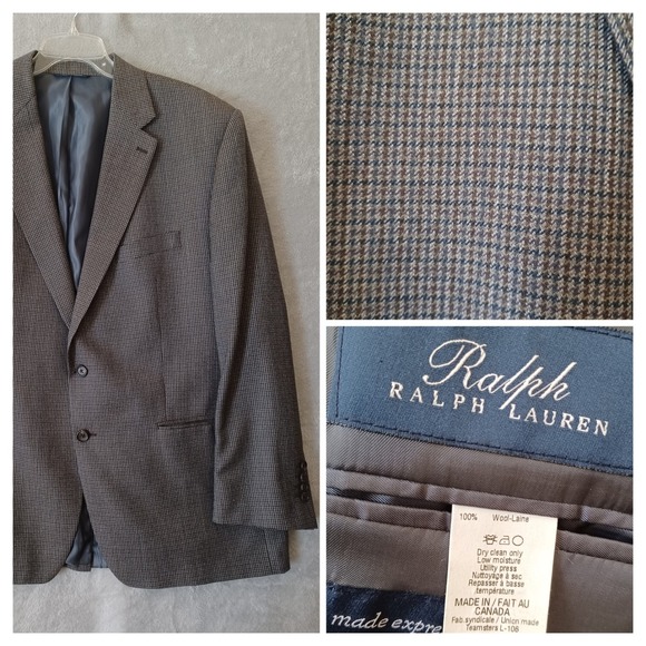 Ralph Lauren 50R Sport Coat Tweed Wool Houndstooth 2 Button Brown Gray Preppy